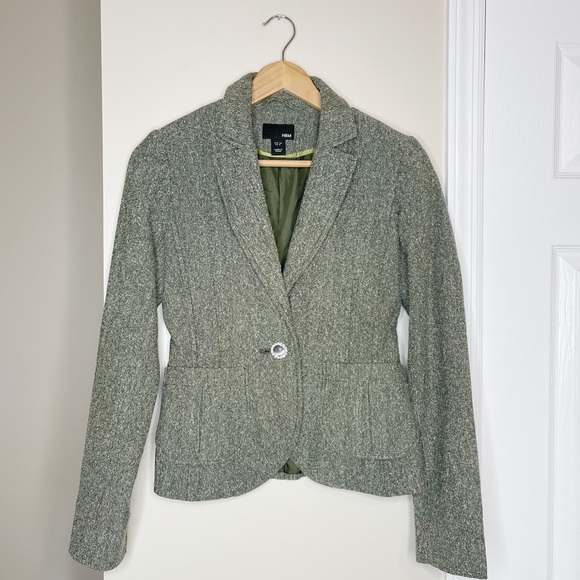 H&M Green Tweed Blazer with Jeweled Button Closure - Picture 1 of 8